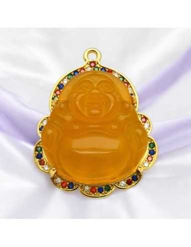 Ciondolo Buddha giada arancione con base oro e strass a scelta 37 x 30mm 1pz Gioie d'Oriente