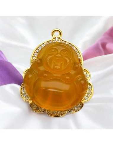Ciondolo Buddha giada arancione con base oro e strass a scelta 37 x 30mm 1pz Gioie d'Oriente
