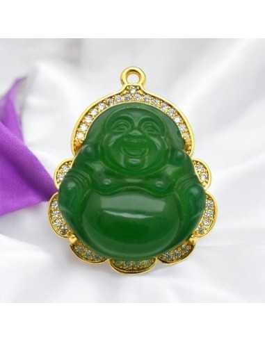 Ciondolo Buddha giada verde con base oro e strass 37 x 30mm 1pz Gioie d'Oriente