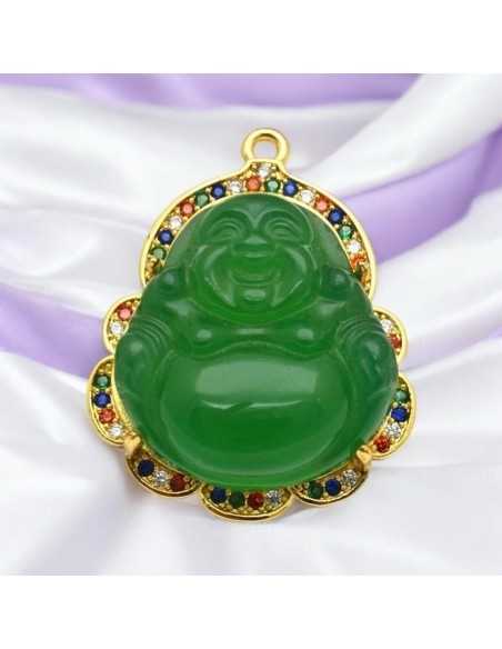 Ciondolo Buddha giada verde con base oro e strass 37 x 30mm 1pz Gioie d'Oriente