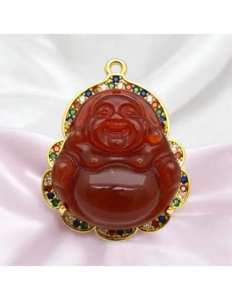 Ciondolo Buddha giada rossa con base oro strass trasparenti 37 x 30mm 1pz Gioie d'Oriente