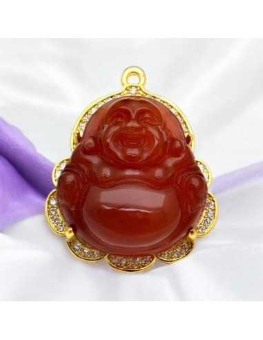 Ciondolo Buddha giada rossa con base oro strass trasparenti 37 x 30mm 1pz Gioie d'Oriente