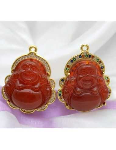 Ciondolo Buddha giada rossa con base oro strass trasparenti 37x30mm |GDO