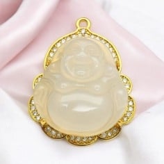 Ciondolo buddha giada panna con base oro strass trasparenti 37 x 30mm 1pz Gioie d'Oriente