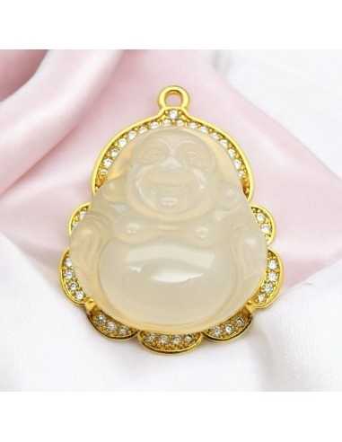 Ciondolo Buddha giada panna con strass trasparenti 37x30mm |GDO