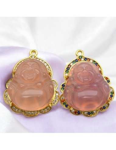 Ciondolo Buddha giada rosa con base oro e strass a scelta 37 x 30mm 1pz Gioie d'Oriente