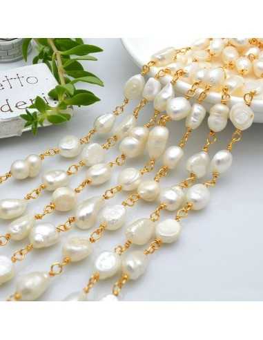 Catena rosario di Perle di fiume mezze piatte 7x9mm e filo oro in ottone 50cm | GDO