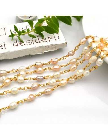Catena rosario con mix di Perle di fiume a chicchi di riso 4x6mm e filo oro in ottone 50cm | GDO