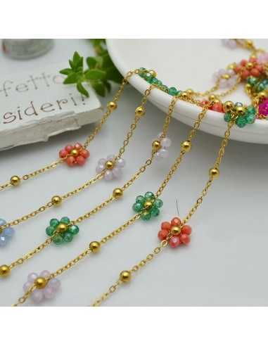 Catena in Acciaio dorato con Fiori margherita colorati di cristalli 50cm | GDO
