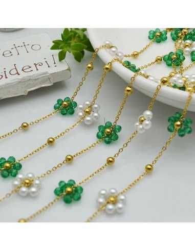 Catena in Acciaio dorato con Fiori margherita di perle e cristalli verdi 50cm | GDO