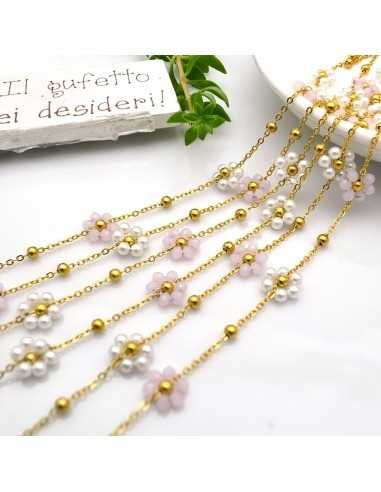 Catena in Acciaio dorato con Fiori margherita di perle e cristalli rosa 50cm | GDO