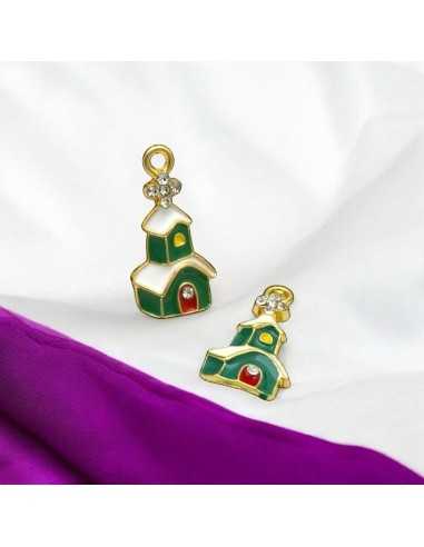 Ciondolo casina innevata in ottone smaltato verde 11x22mm 1pz Gioie d'Oriente