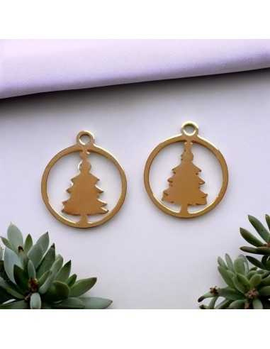 Ciondolo cerchio con albero di Natale in acciaio inossidabile oro rosa 13x15 mm 1pz Gioie d'Oriente