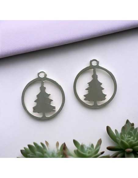 Ciondolo cerchio con albero di Natale in acciaio inossidabile rodio 13x15 mm 1pz Gioie d'Oriente