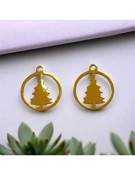 Ciondolo cerchio con albero di Natale in acciaio inossidabile oro 13x15 mm 1pz Gioie d'Oriente