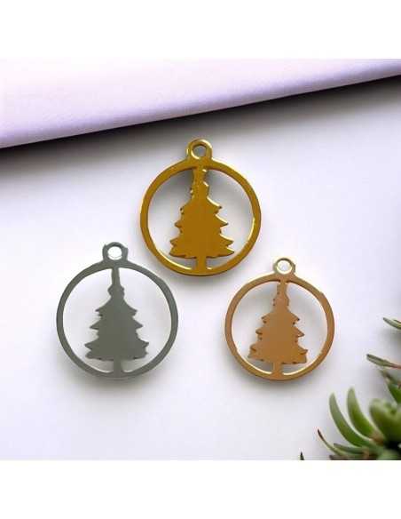 Ciondolo cerchio con albero di Natale in acciaio inossidabile 13x15 mm 1pz colori vari Gioie d'Oriente