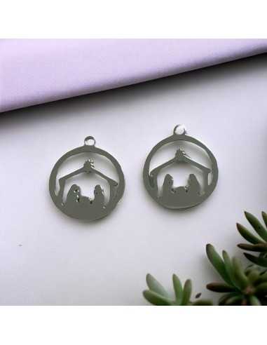 Ciondolo presepe di Natale in acciaio inossidabile rodio 15x17 mm 1pz Gioie d'Oriente