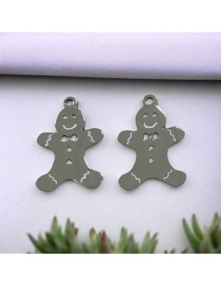 Ciondolo omino pan di zenzero in acciaio inossidabile rodio 13x19 mm 1pz Gioie d'Oriente