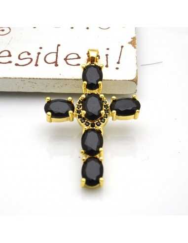 Ciondolo croce oro con zirconi ovali neri 33x21mm 1pz Gioie d'Oriente