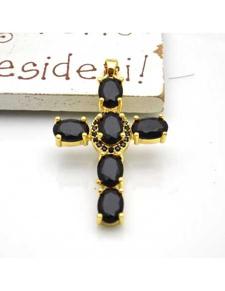Ciondolo croce oro con zirconi ovali neri 33x21mm 1pz Gioie d'Oriente