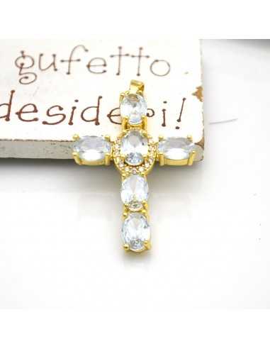 Ciondolo croce oro con zirconi ovali trasparenti 33x21mm 1pz Gioie d'Oriente