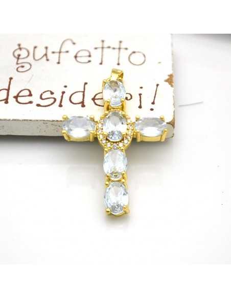 Ciondolo croce oro con zirconi ovali trasparenti 33x21mm 1pz Gioie d'Oriente