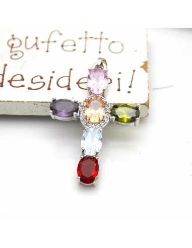 Ciondolo croce argento con zirconi ovali arcobaleno 33x21mm 1pz Gioie d'Oriente