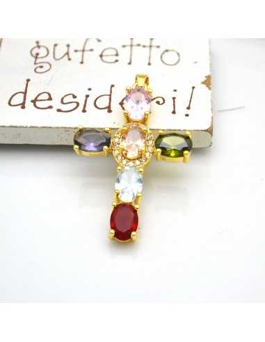 Ciondolo croce oro con zirconi ovali arcobaleno 33x21mm 1pz Gioie d'Oriente