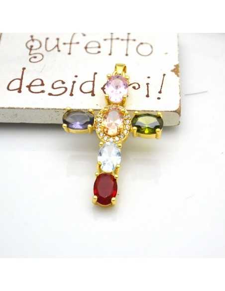 Ciondolo croce oro con zirconi ovali arcobaleno 33x21mm 1pz Gioie d'Oriente