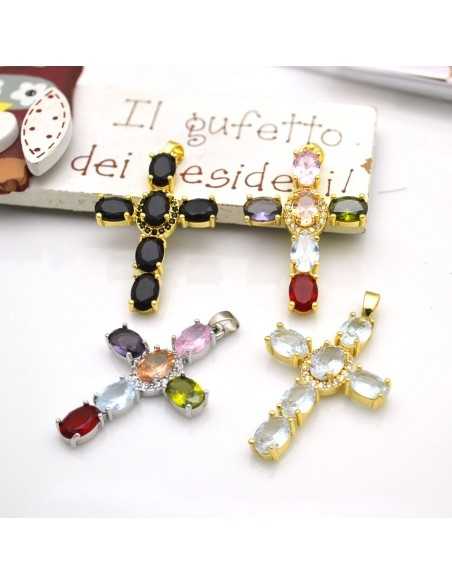 Ciondolo croce in ottone con zirconi ovali 33x21mm 1pz Gioie d'Oriente