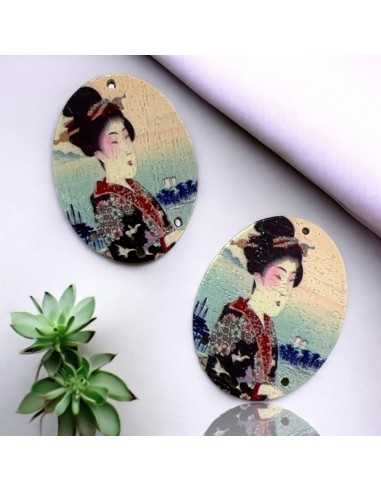 Piastra in Legno ovale Azzurro con Geisha giapponese 4 fori 30x40mm 2pz | GDO
