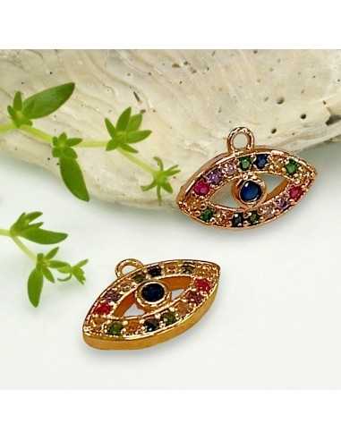 Ciondolo occhio greco in ottone dorato con zirconi arcobaleno 9x12,5 mm 1pz Gioie d'Oriente