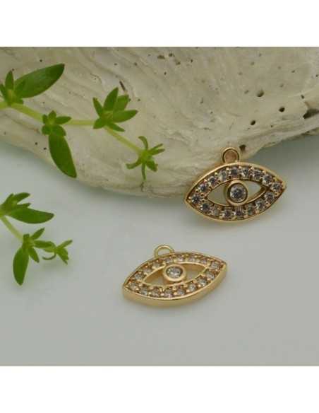 Ciondolo occhio greco in ottone dorato con zirconi bianco 9x12,5 mm 1pz Gioie d'Oriente