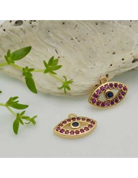 Ciondolo occhio greco in ottone dorato con zirconi fucsia 9x12,5 mm 1pz Gioie d'Oriente
