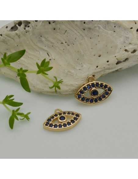 Ciondolo occhio greco in ottone dorato con zirconi blu 9x12,5 mm 1pz Gioie d'Oriente
