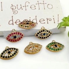 Ciondolo occhio greco in ottone dorato con zirconi 9x12,5 mm 1pz Gioie d'Oriente