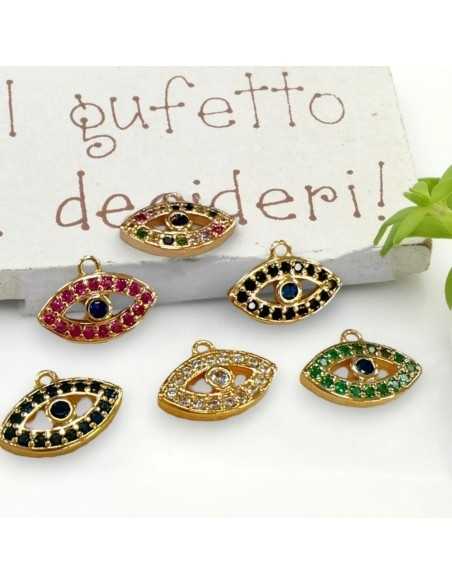 Ciondolo occhio greco in ottone dorato con zirconi 9x12,5 mm 1pz Gioie d'Oriente