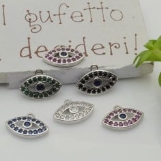 Ciondolo occhio greco in ottone argentato con zirconi 9x12,5 mm 1pz Gioie d'Oriente