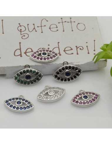 Ciondolo occhio greco in ottone argentato con zirconi 9x12,5 mm 1pz Gioie d'Oriente