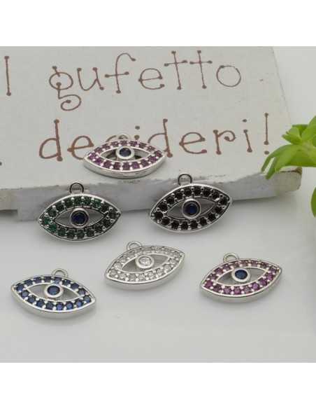 Ciondolo occhio greco in ottone argentato con zirconi 9x12,5 mm 1pz Gioie d'Oriente