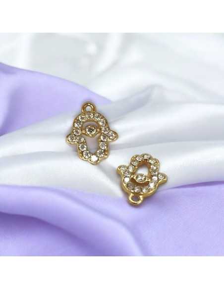 Ciondolo a forma di Mano di Fatima in Acciaio oro con Zirconi 8x10mm 1pz Gioie d'Oriente