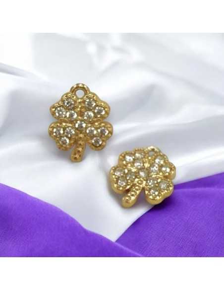 Ciondolo a forma di Quadrifoglio in Acciaio oro con Zirconi 7x9mm 1pz Gioie d'Oriente