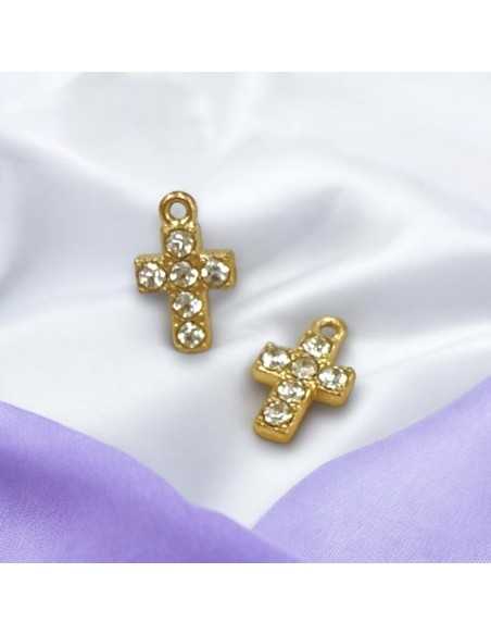 Ciondolo croce in acciaio oro con zirconi 10x6mm 1pz Gioie d'Oriente