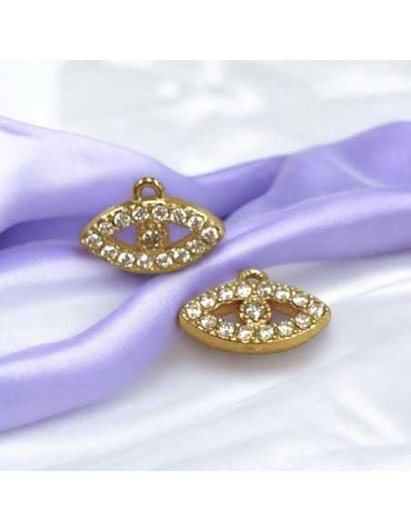 Ciondolo occhio greco in acciaio oro con zirconi 10x7mm 1pz Gioie d'Oriente
