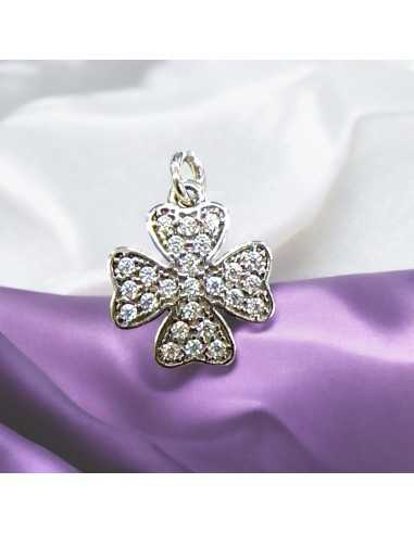Ciondolo quadrifoglio con zirconi 16x14 mm in Argento 925 Made in Italy |GDO