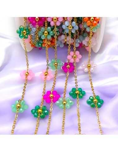 Catena con Fiori margherita colorati distanziati 25mm in Acciaio dorato 50cm | GDO