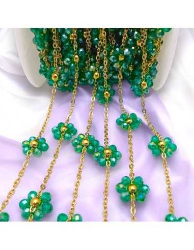 Catena con Fiori margherita Verde AB distanziati 25mm in Acciaio dorato 50cm | GDO
