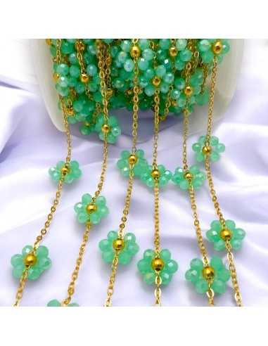 Catena con Fiori margherita Verde giada distanziati 25mm in Acciaio dorato 50cm | GDO