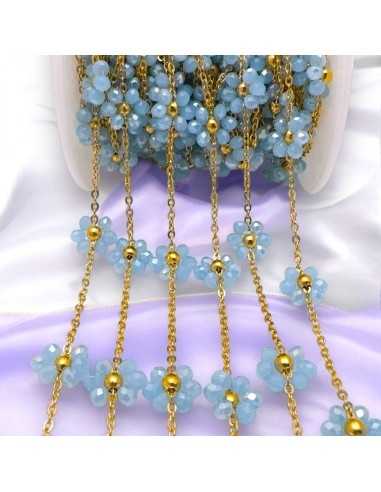 Catena con Fiori margherita Celeste distanziati 25mm in Acciaio dorato 50cm | GDO