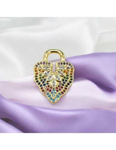 Ciondolo a forma di Lucchetto in ottone dorato con Zirconi arcobaleno 16.5x23.5mm 1pz Gioie d'Oriente
